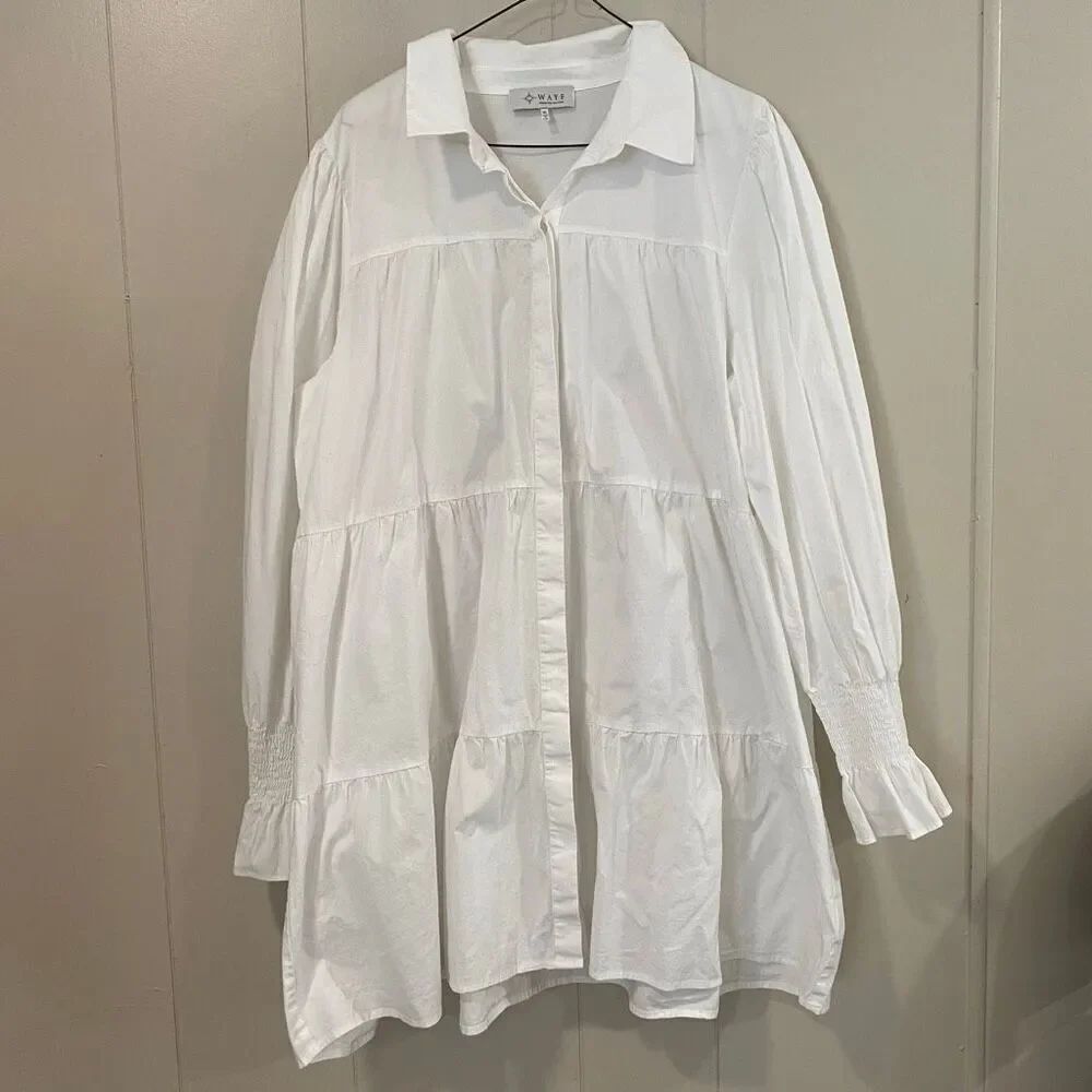 WAYF White Tiered Mini Dress XL | Long Sleeve Babydoll Dress Women’s Flowy Tunic